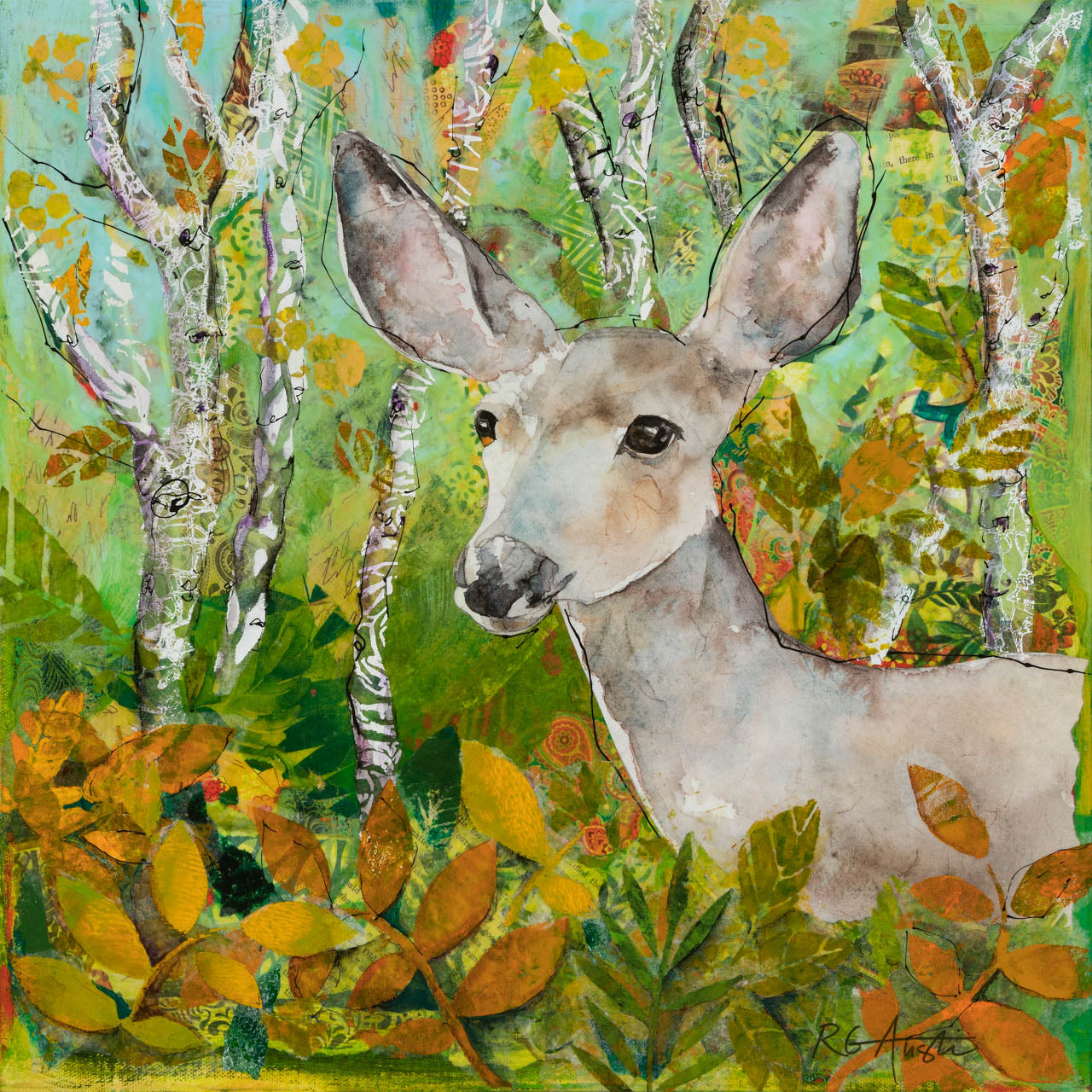 "Deer Dreams" by Ruth Austin. Mixed media on canvas. 16"x16"x1.5. Framed.