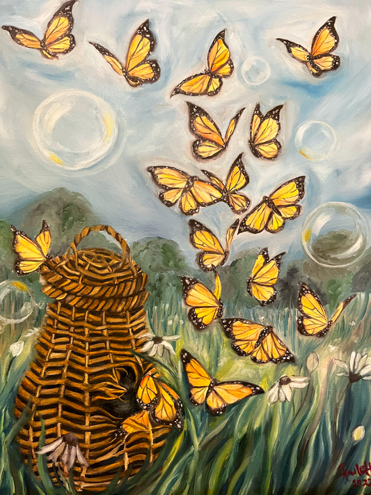 "First Flutters" by Rachelle Rowlett. 20"x16". Oil on canvas. Framed.