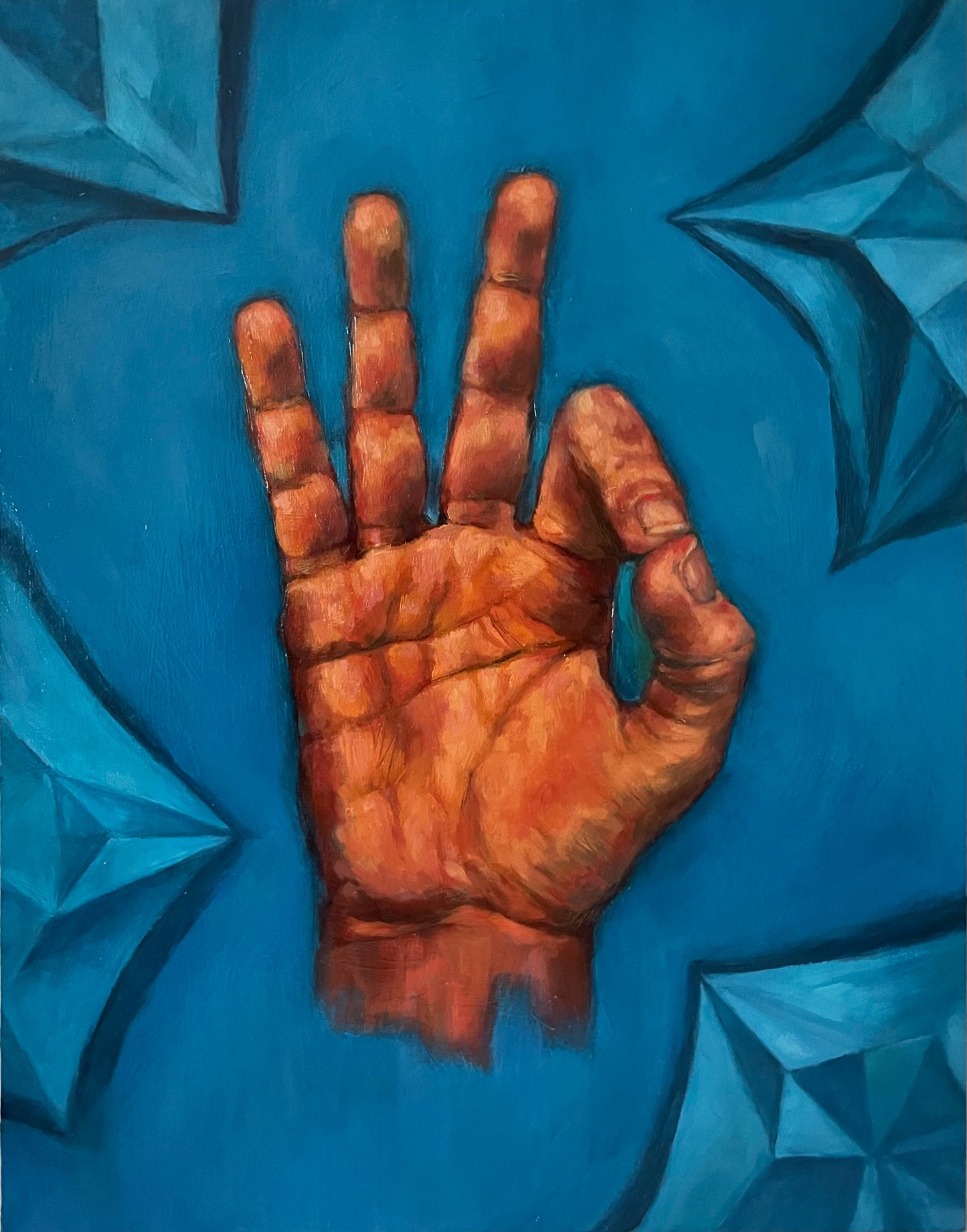 "F is for Folding" by Kirstin Mitchell. Oil on panel. 14"x11". Framed.