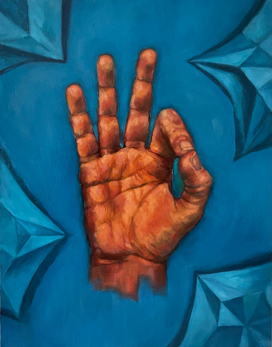 "F is for Folding" by Kirstin Mitchell. Oil on panel. 14"x11". Framed.