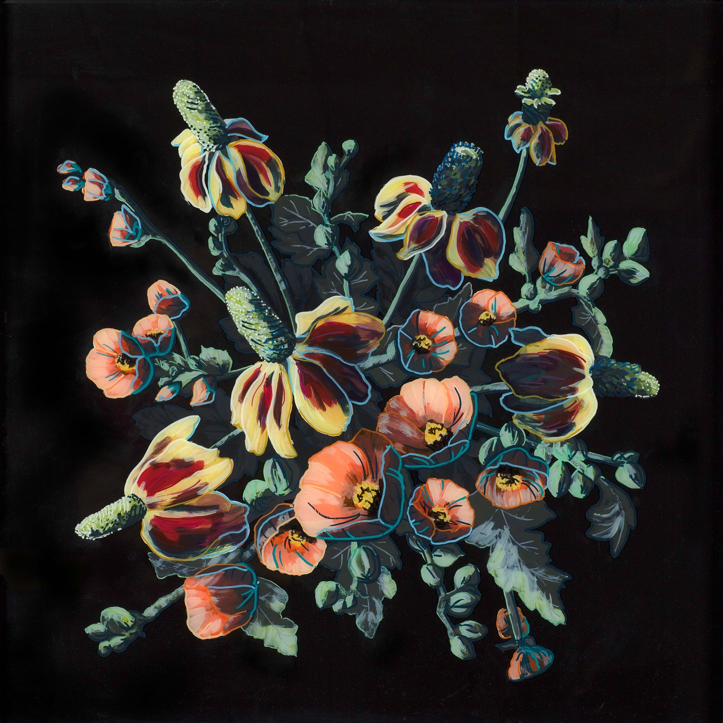 "Globe Mallows and Coneflowers" by Bethany Richards. 26"x26". Reverse glass acrylic paint & ink, double paned.