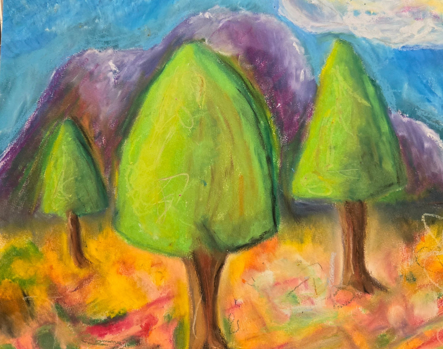 "3 Pine Trees" by Spence Rubin. Oil pastel on paper. 9"x12"(11"x14")x0.5". Framed.