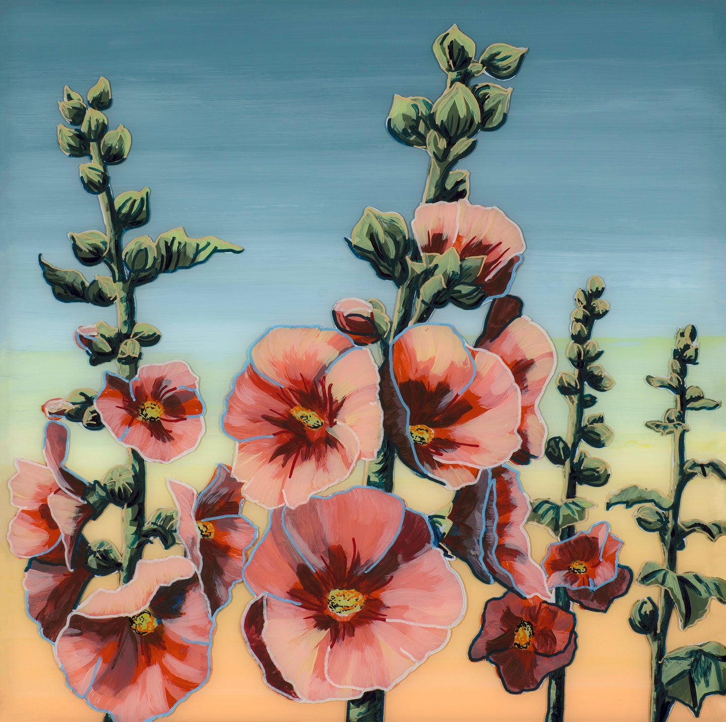 "Large Pink Hollyhocks" by Bethany Richards. 18"x18". Reverse glass acrylic paint & ink, double paned.