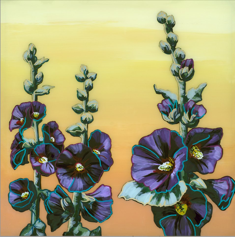 "Large Purple Hollyhocks" by Bethany Richards. 18"x18". Reverse glass acrylic paint & ink, double paned.