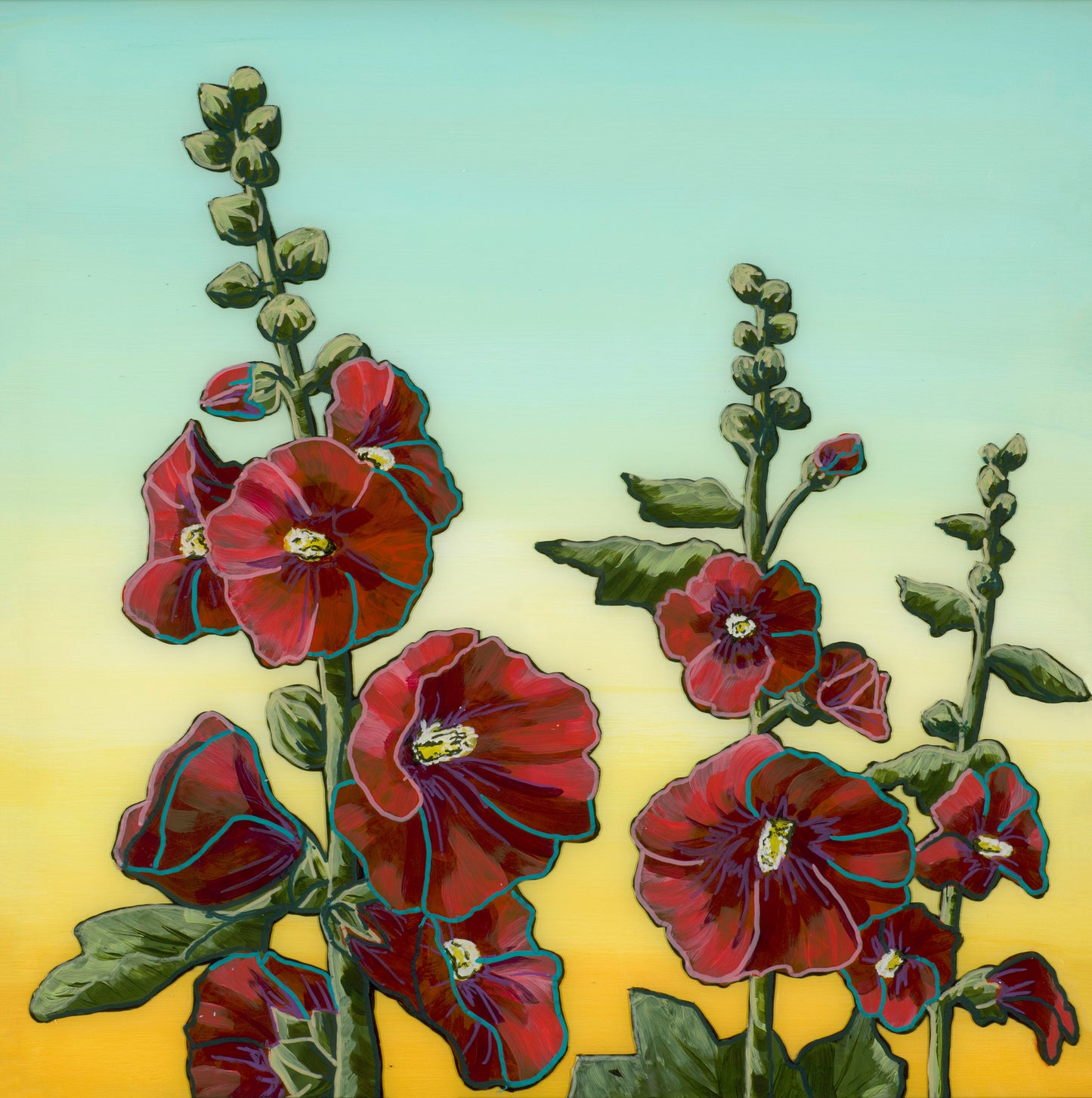 "Large Red Hollyhocks" by Bethany Richards. 18"x18". Reverse glass acrylic paint & ink, double paned.