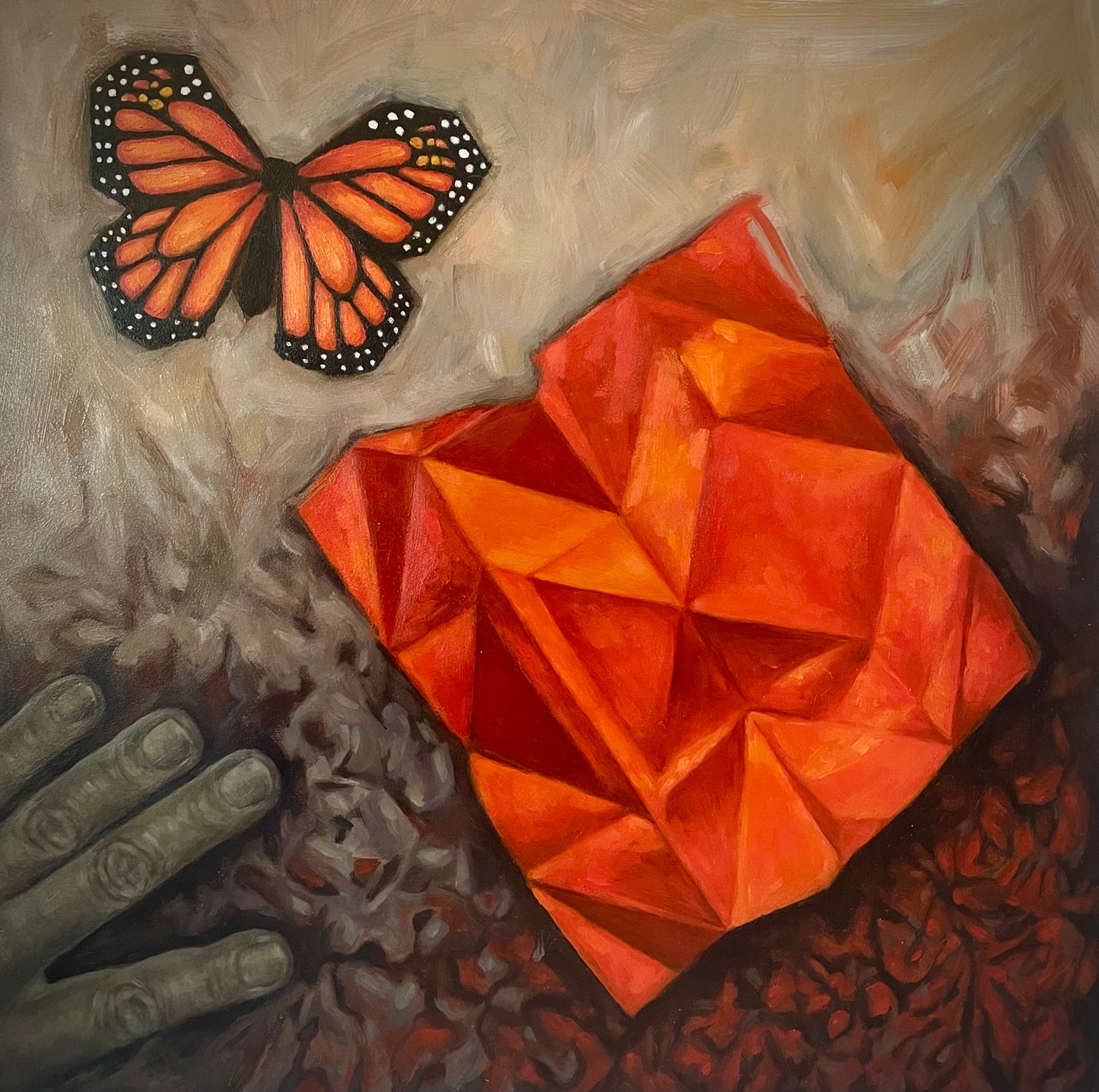 "Metamorphosis" by Kirstin Mitchell. Oil on panel. 12"x12". Framed.