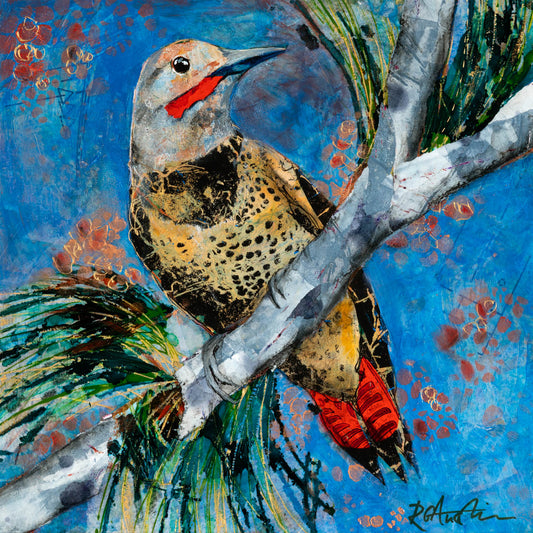 "My Morning Bird" by Ruth Austin. Mixed media on canvas. 12"x12"x1.5". Framed.