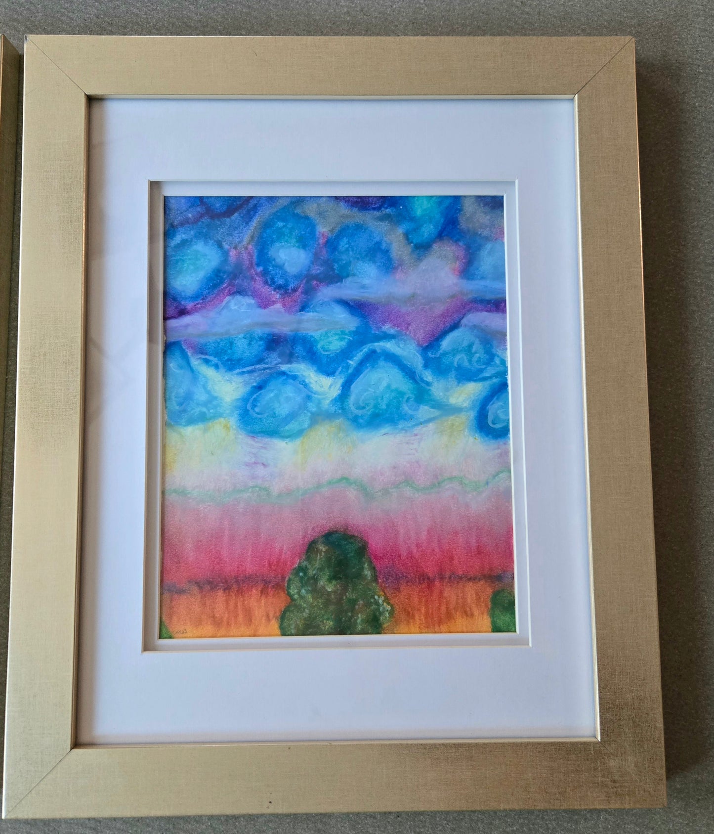 "Pinon & Clouds" by Spence Rubin. 12"x9" (15"x12"). Oil pastel on paper. Framed; matted..