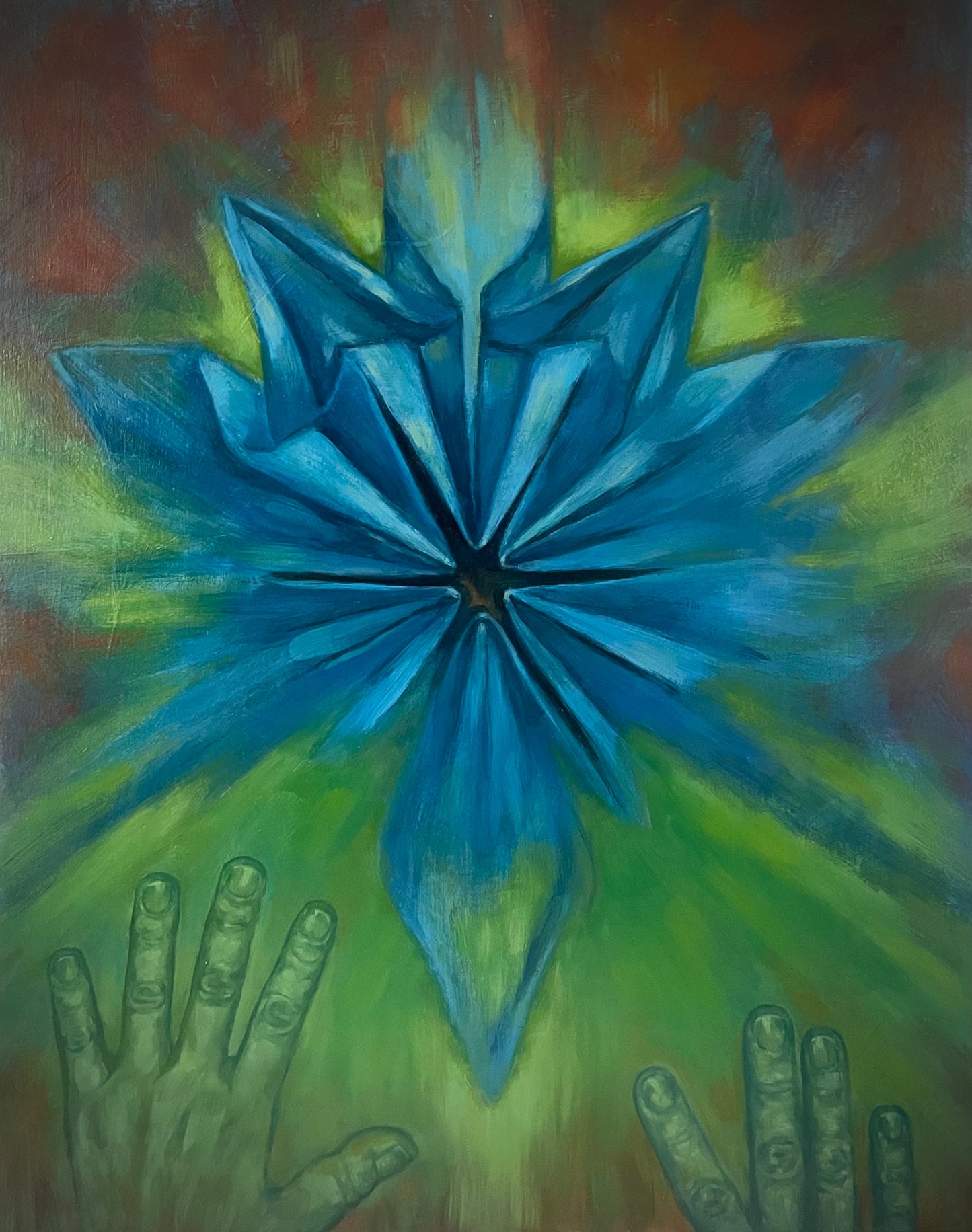 "Reaching For Center" by Kirstin Mitchell. Oil on panel. 20"x16". Framed.