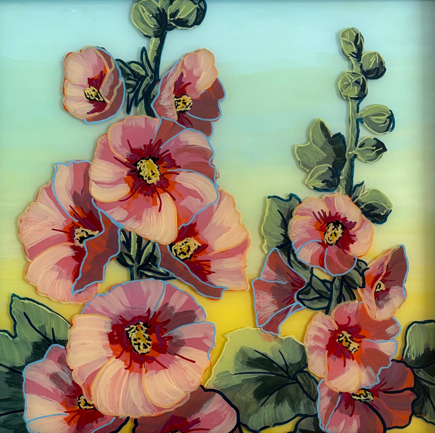 "Small Pink Hollyhocks" by Bethany Richards. 12"x12". Reverse glass acrylic paint & ink, double paned.