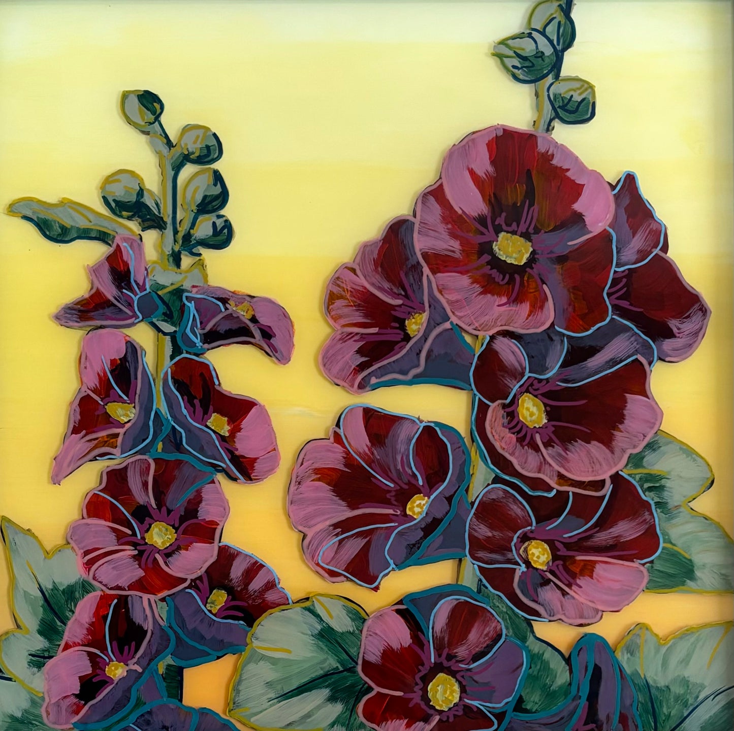 "Small Purple Hollyhocks" by Bethany Richards. 12"x12". Reverse glass acrylic paint & ink, double paned.