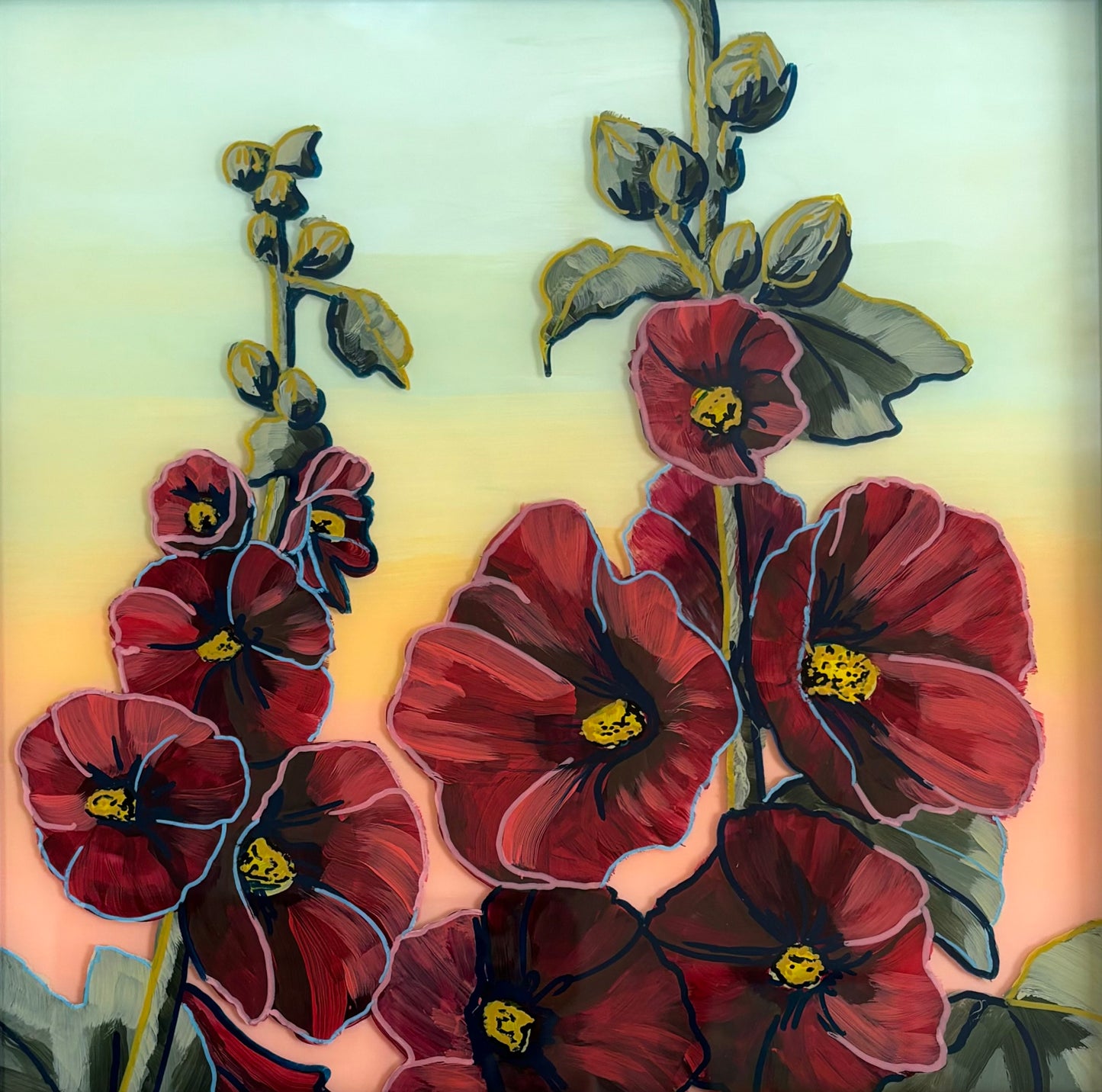 "Small Red Holly Hocks" by Bethany Richards. 12"x12". Reverse glass acrylic paint & ink, double paned.