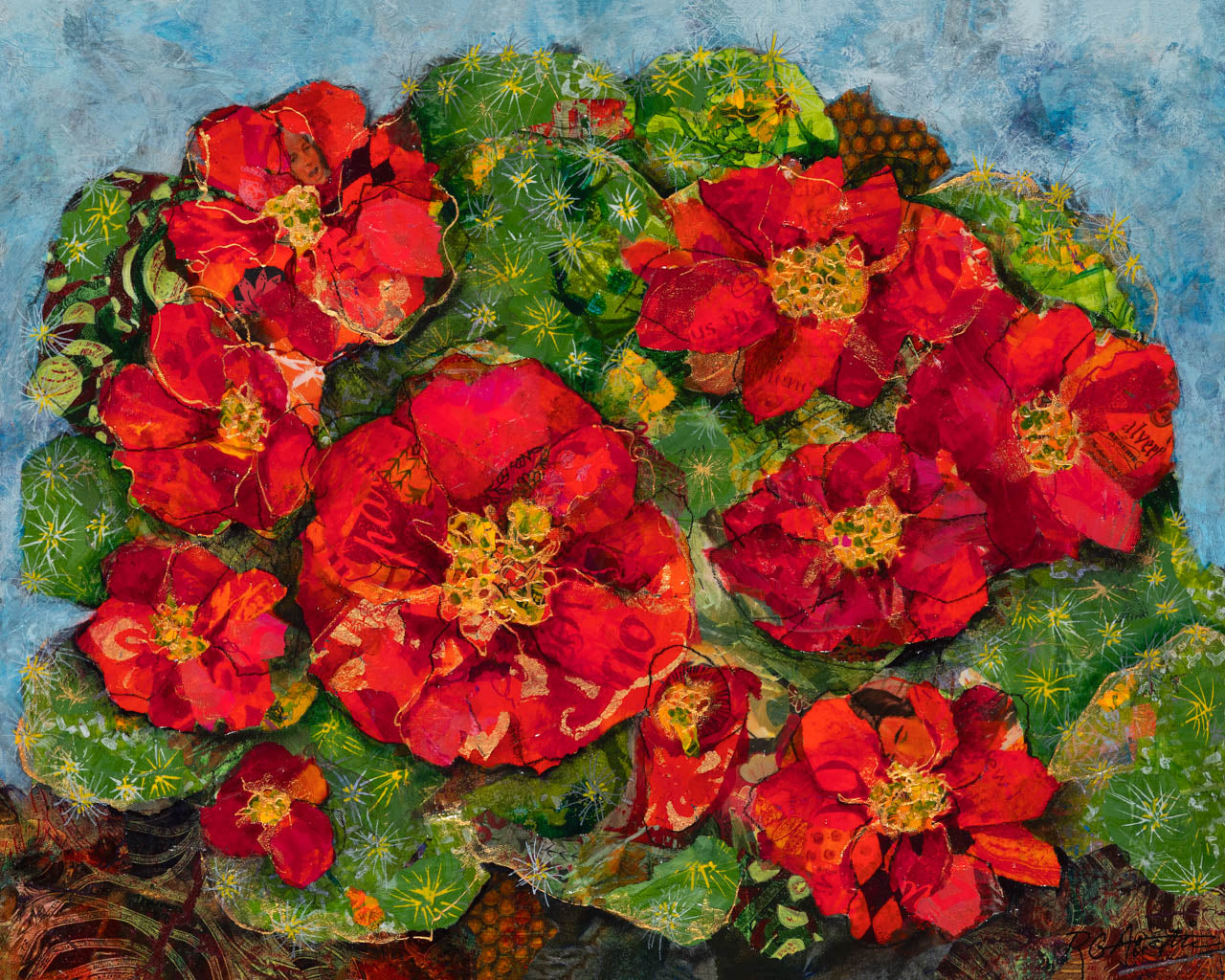 "Summer Blooms" by Ruth Austin. Mixed media on canvas. 16"x20"x1.5". Framed.