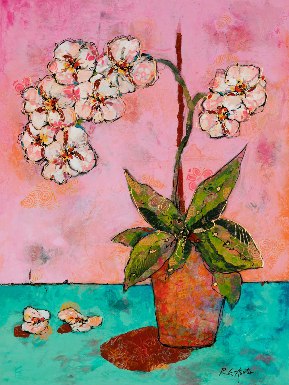 "Tickled Pink" by Ruth Austin. Mixed media on canvas. 24"x18"x1.5". Framed.